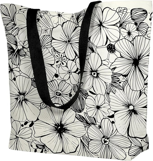 Large Tote Bag for Women, Floral Grocery Tote with Snap Thick Canvas Both Side Pattern, Gift Daily Use Shopping Travel Picnic