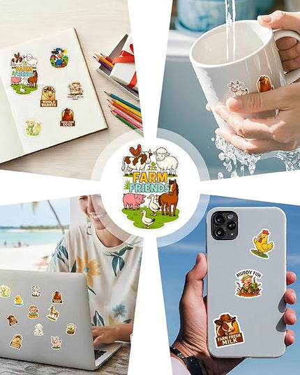 100 PCS Farm Animal Stickers Pack, Vinyl Waterproof Cartoon Decals of Cow Pig Dog Cat Horse Chicken Decals for Laptop Water Bottle Scrapbook Car, Gift for Students, Teens, Adults