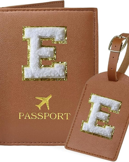 COSHAYSOO Brown Passport Cover and Luggage Tag Set TSA Approved with Her Initial Chenille Letter Patch for Big Little Girls Sister Daughter, Hawaii Travel Bag Backpack Suitcase Identifier (E)