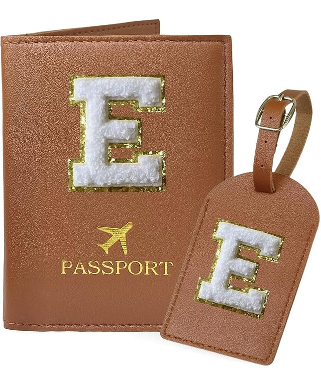 COSHAYSOO Brown Passport Cover and Luggage Tag Set TSA Approved with Her Initial Chenille Letter Patch for Big Little Girls Sister Daughter, Hawaii Travel Bag Backpack Suitcase Identifier (E)