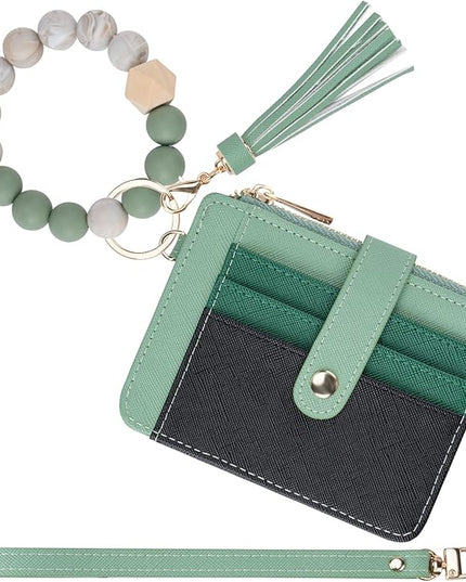 Keychain Wallet with Bracelet RFID Blocking Wristlet Credit Purse Card Holder, Silicone Bead Tassel Key Ring for Women