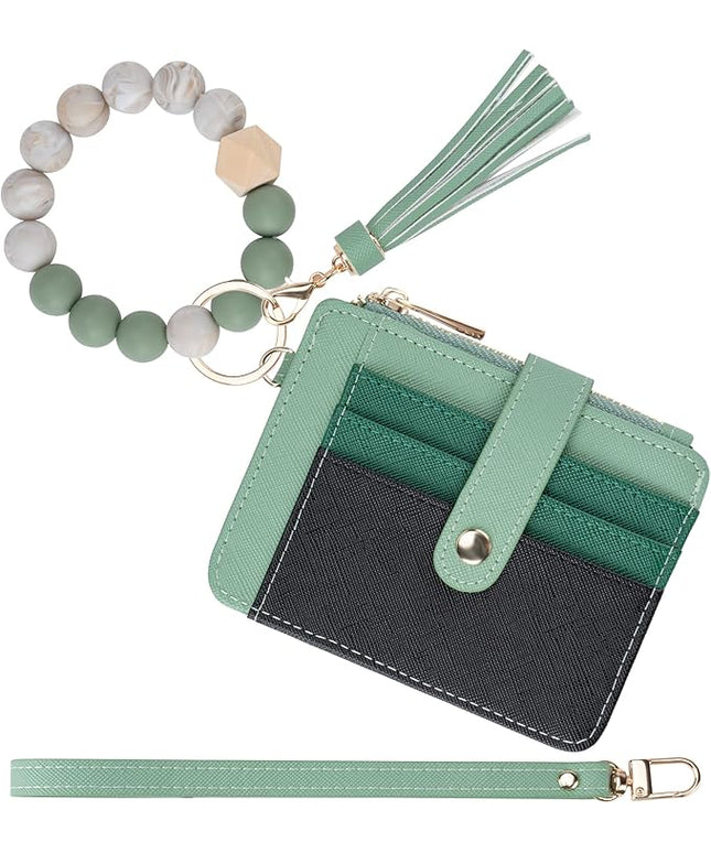 Keychain Wallet with Bracelet RFID Blocking Wristlet Credit Purse Card Holder, Silicone Bead Tassel Key Ring for Women