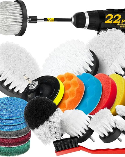 Holikme 22Pack Drill Brush Attachments Set, Scrub Pads & Sponge, Buffing Pads, Power Scrubber Brush, Car Polishing Pad Kit,Wax Applicator Pad,Car Cleaning Kit,Cleaning Supplies,Masonry Brushes,White