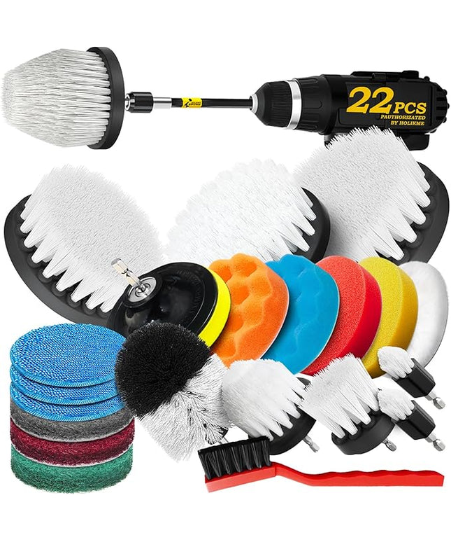 Holikme 22Pack Drill Brush Attachments Set, Scrub Pads & Sponge, Buffing Pads, Power Scrubber Brush, Car Polishing Pad Kit,Wax Applicator Pad,Car Cleaning Kit,Cleaning Supplies,Masonry Brushes,White