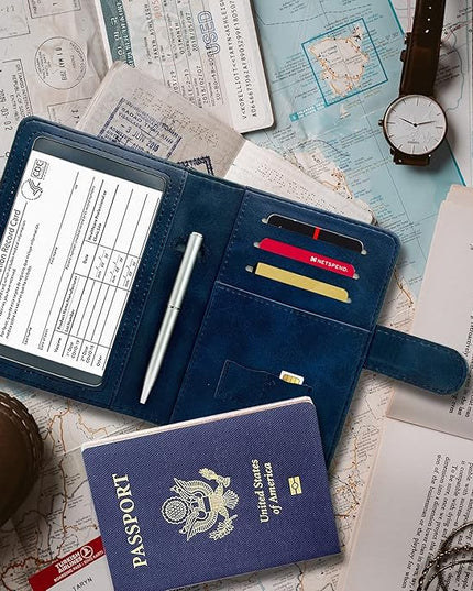 RSAquar Passport Holder for Women and Men, Premium PU Leather Travel Passport Wallet RFID Blocking Passport Cover Travel Documents Organizer with Pen Holder, Blue#2