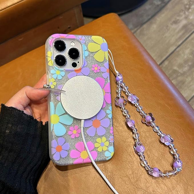 Compatible with iPhone 13 Pro Max Cases Cute Bling Sparkly Floral Phone case,Flower with Wrist Strap Design, Compatible MagSafe Silicone Shockproof Phone case for Women and Teenage Girls.