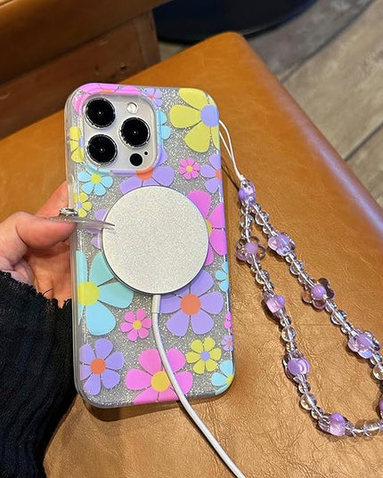 Compatible with iPhone 12 Cases Cute Bling Sparkly Floral Phone case,Flower with Wrist Strap Design, Compatible MagSafe Silicone Shockproof Phone case for Women and Teenage Girls.