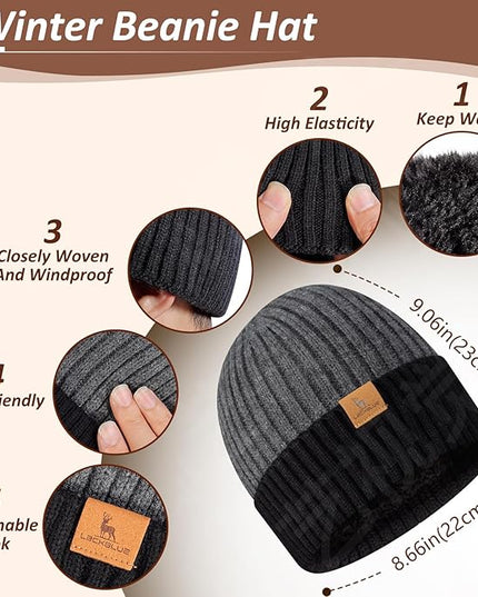 Men Women Winter Beanie Hats Scarf with Touchscreen Gloves Warm Knit Themal Gloves Long Scarf Set with Fleece Lined