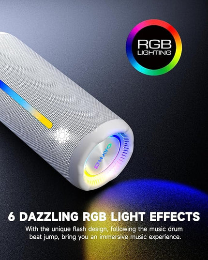 OHAYO Bluetooth Speaker, Portable Wireless, IPX7 Waterproof, Powerful 25W Sound, 24H Playtime, Dual Pairing, Active Bass, Colorful Lights, Bluetooth 5.3, Outdoor Speakers for Home/Party/Beach, White