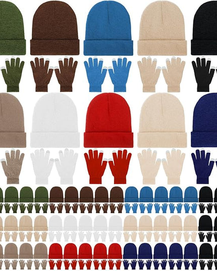 Suhine Bulk Winter Hats and Gloves Set Warm Beanie Gloves Pack Homeless Supplies for Cold Weather Charity
