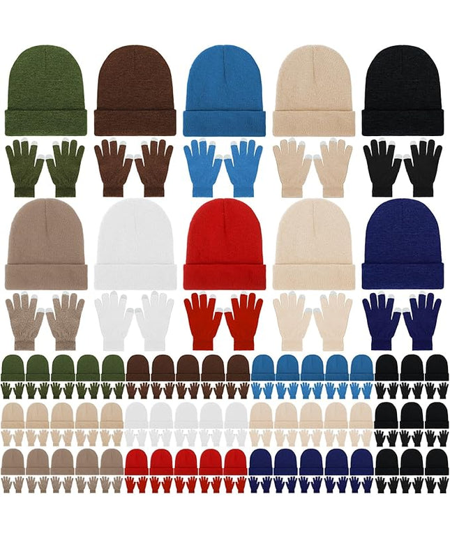 Suhine Bulk Winter Hats and Gloves Set Warm Beanie Gloves Pack Homeless Supplies for Cold Weather Charity