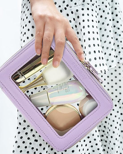 Aveniee Clear Makeup Bag Organizer, Travel Toiletry Bag Cosmetic Case for Women, Portable Make Up Skincare Pouch Car Organizer Bag with Zippers for Essentials,Lilac
