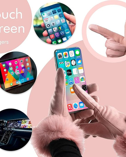 Vagasi Women Touch Screen Gloves, Fleece Lined Winter Gloves for Ladies, Thermal Suede Gloves Fur Cuff for Girls Gifts