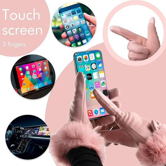 Vagasi Women Touch Screen Gloves, Fleece Lined Winter Gloves for Ladies, Thermal Suede Gloves Fur Cuff for Girls Gifts