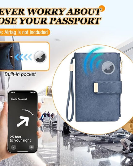 HUANLANG Passport Holder with Airtag for Women/Men, Airtag Passport Wallet for Travel Leather Passport Holder RFID Blocking,Travel Passport Walelt with Credit Card Holder