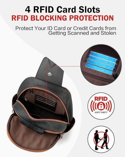 FADEON Large Sling Bag for Women, Leather Crossbody Purse Designer Anti Theft Sling Backpack, RFID Fanny Packs for Travel