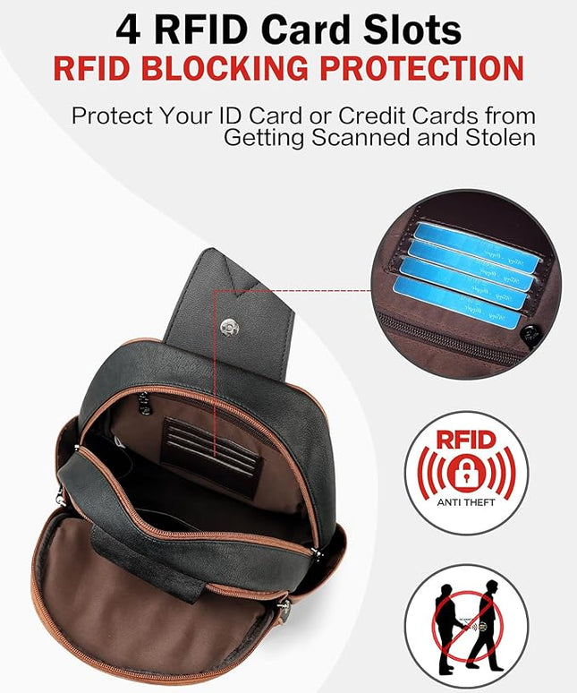 FADEON Large Sling Bag for Women, Leather Crossbody Purse Designer Anti Theft Sling Backpack, RFID Fanny Packs for Travel