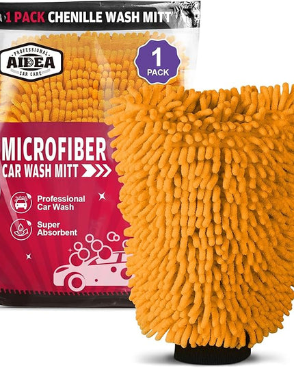 AIDEA Car Wash Mitt Microfiber, 1PK Scratch Free Lint-Free, Premium Chenille Microfiber Mitt Car Wash Brush, Orange, Regular Size 7.12''X10.14''