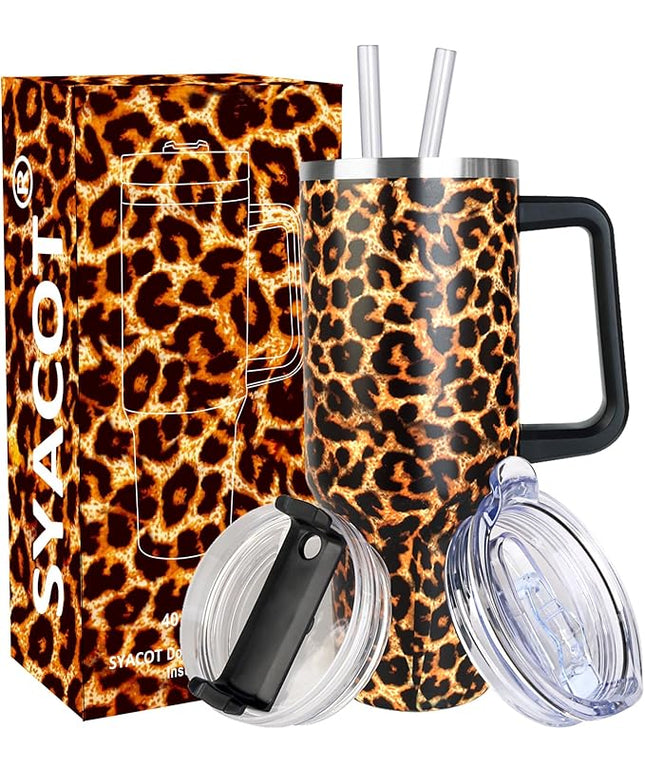 SYACOT 40 oz Tumbler with Handle and Straw Stainless Steel Insulated Tumbler Leak Proof Lid and Straw Lid Reusable Travel Mug Coffee Mug Cup Dishwasher Safe Keep Drinks Cold and Hot (Leopard)