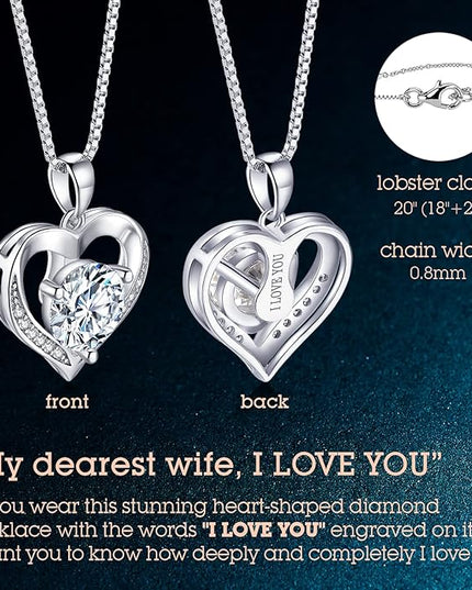 Heart Pendant Necklace Gifts for Wife, Engraved 'I LOVE YOU' Gift for Wife, 1-3 Carat Moissanite Necklace, Anniversary Eternity Jewelry Present for Wife, Birthday Gifts for Women
