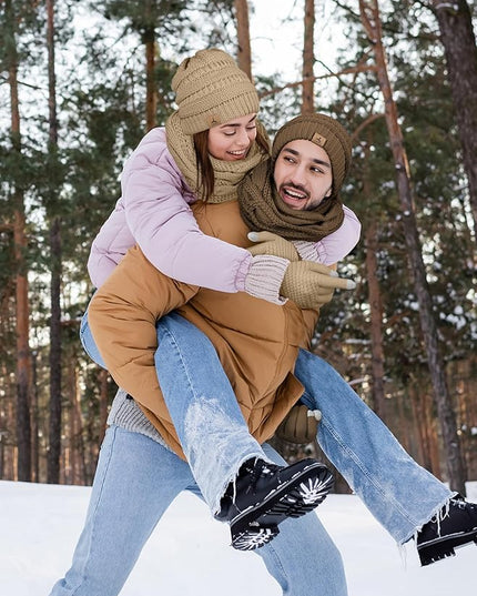 Winter Beanie Hat Scarf Gloves, Warm Fleece Knit Hats Touch Screen Gloves Neck Scarf Set Winter Gifts for Unisex Adult