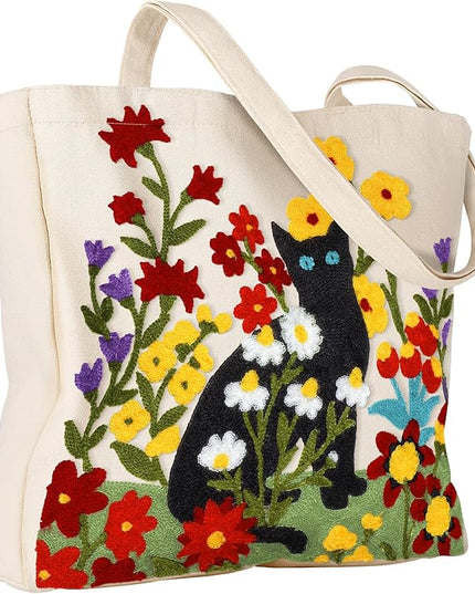 Aesthetic Embroidery Tote Bag for Women - Reusable Canvas Cute Shoulder Bag for Shopping, Grocery, Work, Book