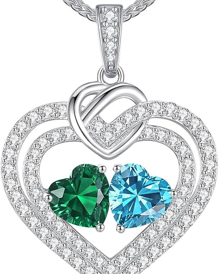LOUISA SECRET Sparkling Double Heart Birthstone Necklaces for Women, 925 Sterling Silver Fine Jewelry, Pendant Heart Necklaces Birthday Anniversary Christmas Gift for Women Wife Mom Girlfriend Lady
