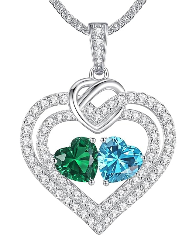 LOUISA SECRET Sparkling Double Heart Birthstone Necklaces for Women, 925 Sterling Silver Fine Jewelry, Pendant Heart Necklaces Birthday Anniversary Christmas Gift for Women Wife Mom Girlfriend Lady