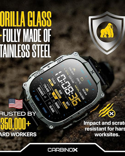 CARBINOX Edge Smart Watch Rugged, 1.96″ AMOLED, Stainless Steel, IP69K/5ATM Fitness trackers, Dual-Band GNSS, 500mAh, Bluetooth Calls, Smart Watch for Android Phones iOS (Black)