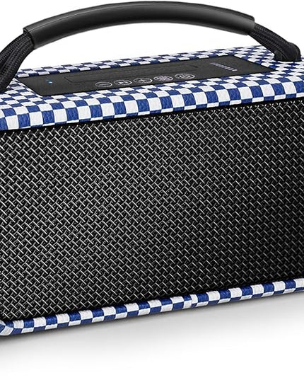 DINDIN Portable Bluetooth Speaker: 80W (Peak), 20H Playtime, Loud Wireless Wood Speakers with Bass, AUX and USB Input, Subwoofer, TWS Pairing, Vintage Speaker for Outdoor, Home, Office (Blue+White)