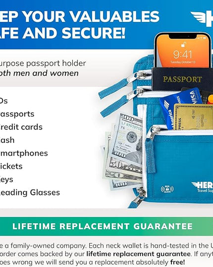 HERO Neck Wallet, RFID Blocking Passport Holder, Easy to Conceal Pouch