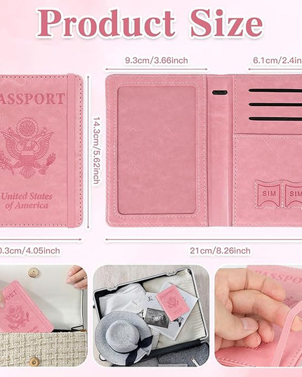 Passport Holder for Travel, RFID Blocking Passport Cover with Pen Holder Leather Passport Wallet Case Travel Must Haves Accessories Passport Book Card Holder for Family Travel Essentials Gifts, Pink