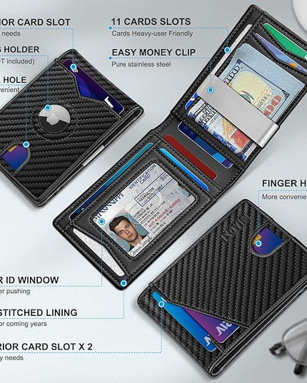 miyozi Airtag Wallet for Men,with Money Clip 11 Cards Slim Front Pocket Leather RFID Blocking Wallet with Gift Box