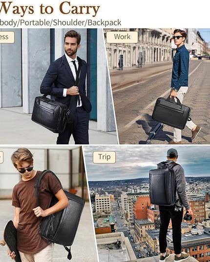Faux Leather Messenger Bag for Men 17-17.3 Inch: Convertible 3 in 1 Backpack Laptop Briefcase Computer Handbags Shoulder CrossbodyBag with Padded for Work College Travel, PU Black