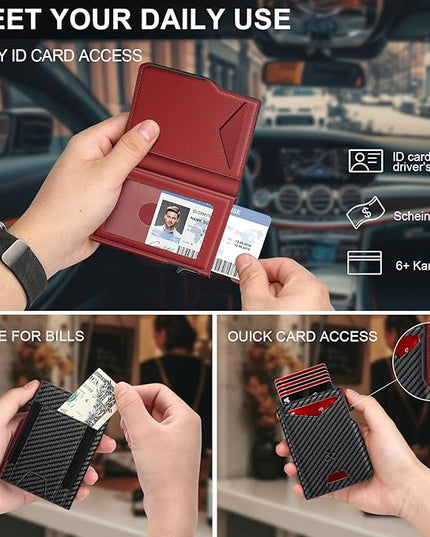 Wallet for Men Wallet with Slim Pop Up Card Holder 9-13 Cards, Bifold Minimalist Smart Wallet RFID Blocking Credit Card Holder with ID Window & Stretchable Cash Slot Compact Metal Aluminum Card Case