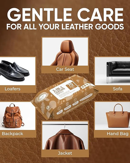 Air Jungles 3in1 Leather Cleaner Wipes 70 Count, Extra Large 8" x 10" Size, Clean Condition Protect Wipes for Vinyl and Leather Apparel Furniture Auto Car Interior Shoes Boots Bags