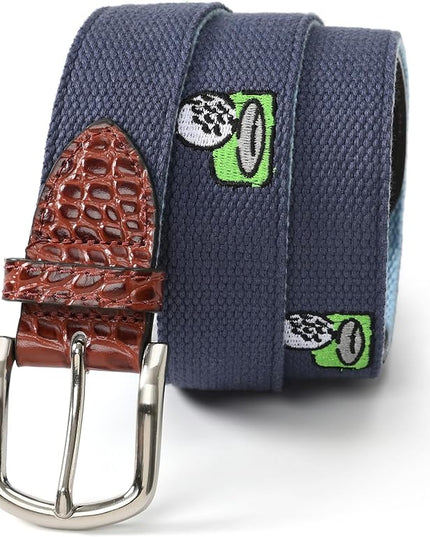 Mile High Life Golf Belts for Men, Canvas Belt with Genuine Leather Tips, Embroidered 2 Layer Web Belt with Pin Buckle