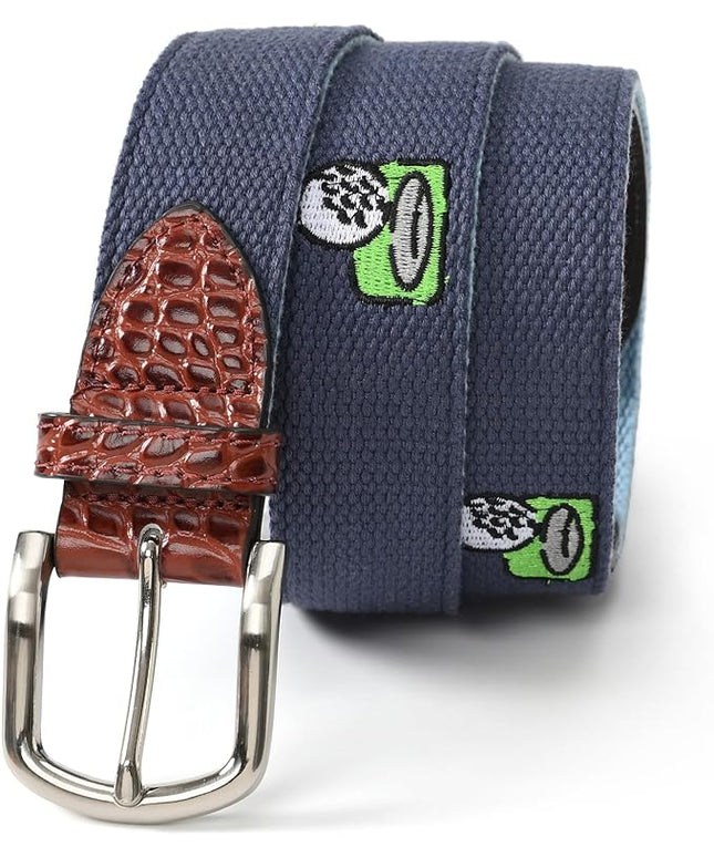 Mile High Life Golf Belts for Men, Canvas Belt with Genuine Leather Tips, Embroidered 2 Layer Web Belt with Pin Buckle