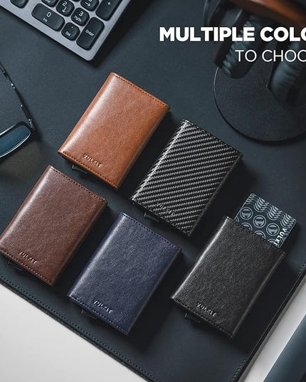 VULKIT Pop up Card Wallet Minimalist Cash Wallets RFID Blocking Leather Smart Credit Card Holder with ID window for Men (Carbon Black)