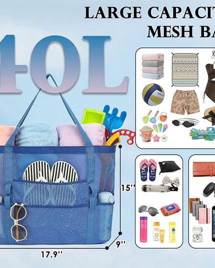 Mesh Beach Bag, Large Beach Tote with Zipper Pocket, Toys Pool Bag for Family Travel Vacation Cruise Essentials