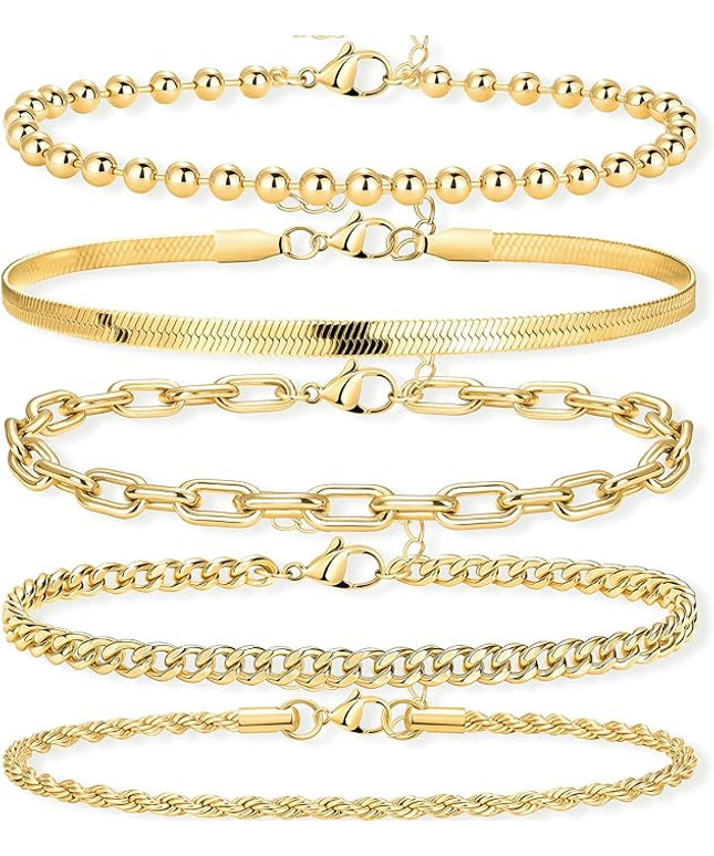 Gold Bracelets Set for Women Stack, Dainty Thick Bracelets Stack for Women Trendy, Simple Thin Gold Plated Cuff Stackable Bracelets With Beaded Cuban Paperclip Snake Rope Bangle Hand Chain Jewelry Gifts for Women Non Tainish