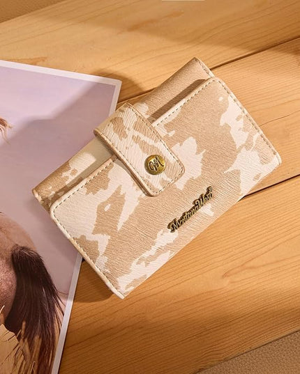 Montana West Small Wallets for Women Trifold Cow Print Wallet Ladies Female Credit Card Cash Wallet Western RFID Blocking Womens Wallets Khaki with ID Window
