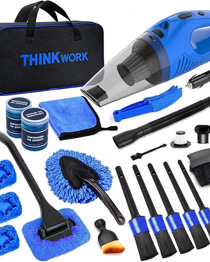 THINKWORK Car Cleaning Kit Car Detailing Kit,Car Cleaning Kit Interior Cleaner with High Power Blue Handheld Vacuum Cleaner,Brush Sets,Windshield Cleaner and Storage Bag,Car Accessories,Car Gift Set