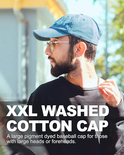 XXL Oversize Washed Denim Baseball Cap,Low Profile Jean Sports Cap for Big Heads 23.5"-25.5",Large Pigment Dyed Dad Hat