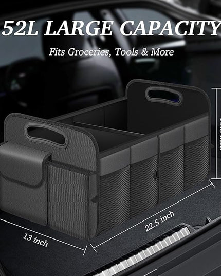 Trunk Organizer, Collapsible Waterproof Multi-Compartment Trunk Organizer for SUVs & Sedans, Car Storage with Reinforced Handles, Car Accessories for Women and Men, 52L
