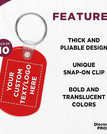 DISCOUNT PROMOS Tag Soft Plastic Keychains - 10 pack - Customizable Text, Logo - Small Key Tag Chain For Staying Organized - Rubber Key Ring Keychain – Red
