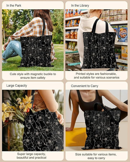 Canvas Tote Bag with Pockets - Aesthetic Reusable Totes for Women Ladies Cute Printed Cloths Canvas Shoulder Bag