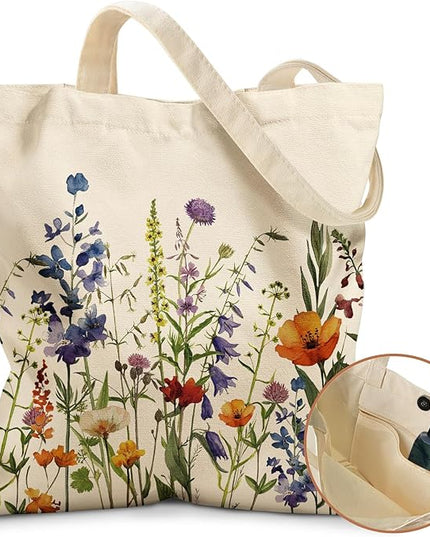 Aesthetic Tote Bag for Women- with Magnetic Buckle and Zipper Inner Pocket Cloth Cotton Canvas Tote Bags