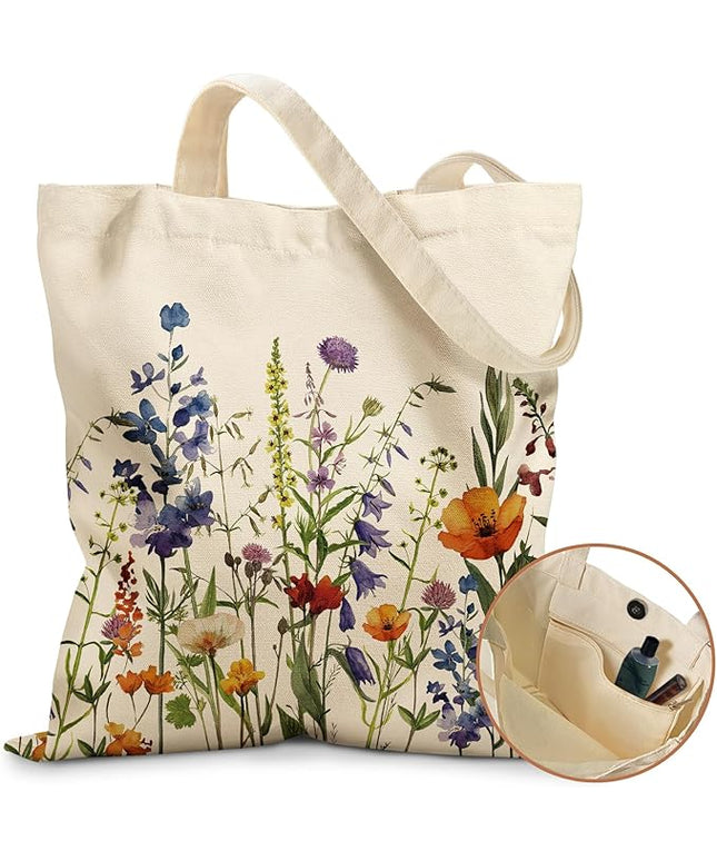 Aesthetic Tote Bag for Women- with Magnetic Buckle and Zipper Inner Pocket Cloth Cotton Canvas Tote Bags