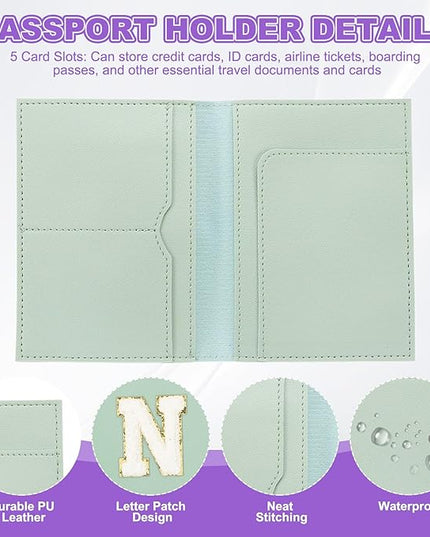 PATIKIL Passport Holder for Travel, Initial Passport Cover and Luggage Tag Set with Alphabet Chenille Letter Patch Travel Wallet Bag Suitcase Identifier for Women Family Travel Green N
